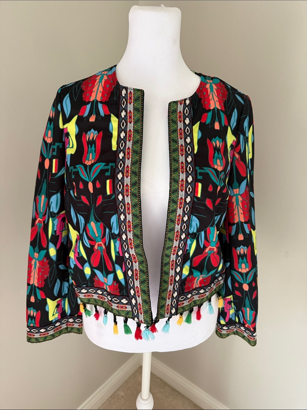 SHEIN Black Floral Embroidered Open Front Jacket with Multicolor Tassels